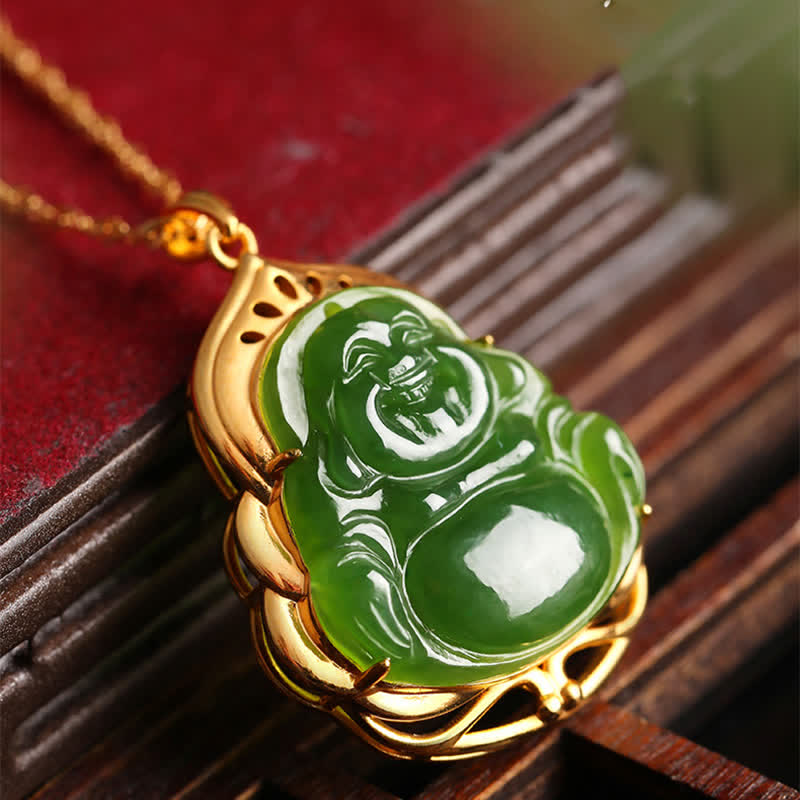 Collier pendentif en argent sterling 925 avec jade cyan naturel Hetian Bouddha rieur en or 18 carats - image 1