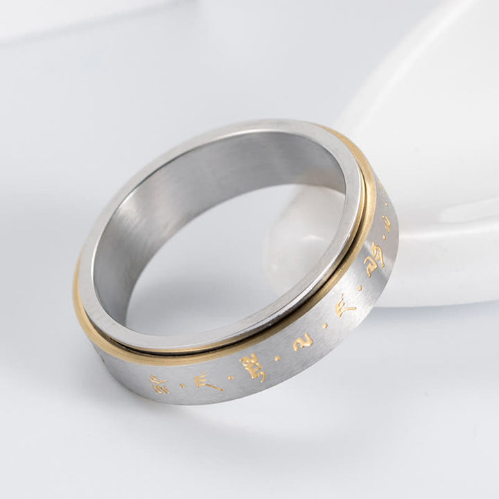 Bague rotative d'équilibre en acier titane avec mantra Buddha Stones