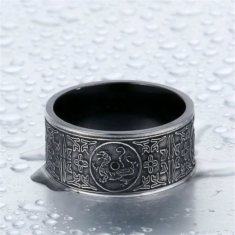 Bague porte-bonheur sculptée en basalte de Suzaku avec quatre Buddha Stones, dragon, bête gardienne, tigre blanc