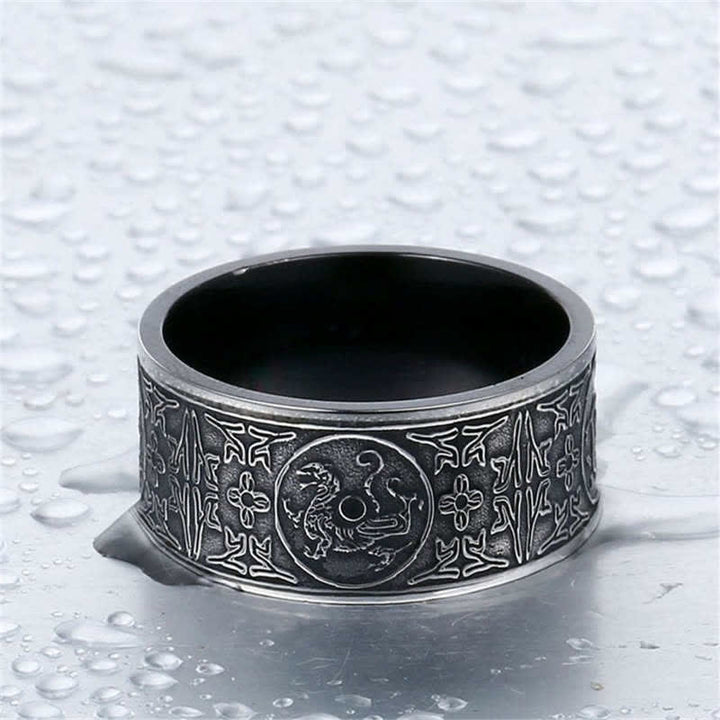 Bague porte-bonheur sculptée en basalte de Suzaku avec quatre Buddha Stones, dragon, bête gardienne, tigre blanc