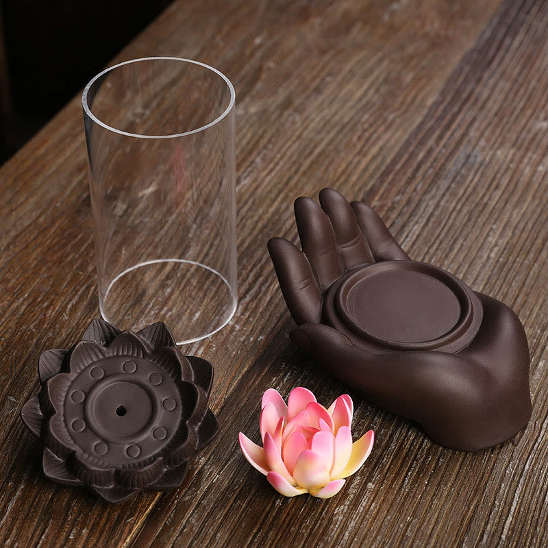 Buddha Stones Main de Bouddha Lotus Illumination Lumière LED Brûleur d'encens en céramique en argile violette Décoration