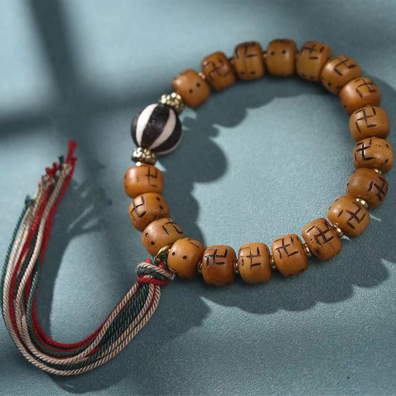 Buddha Stones en os de chameau tibétain naturel, croix gammée Dzi, perle Shankha, breloque de bouddha Kirtimukha, Bracelet à pompon de Protection porte-bonheur