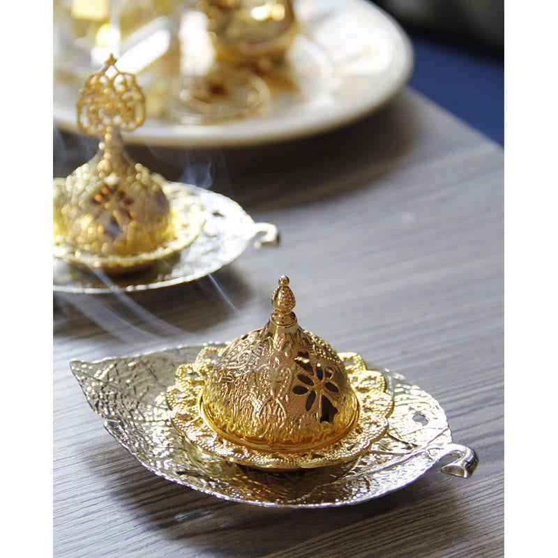 Brûleur d'encens de méditation en forme de mini-feuille d'or tibétain