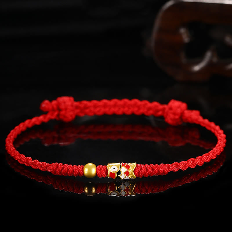 Bracelet tressé artisanal en or 999 avec poisson Koi et Buddha Stones