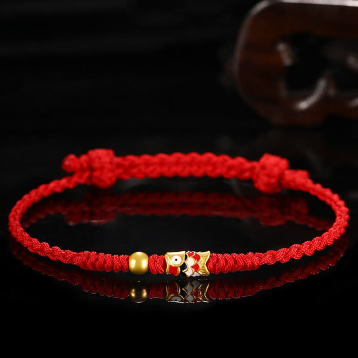 Bracelet tressé artisanal en or 999 avec poisson Koi et Buddha Stones