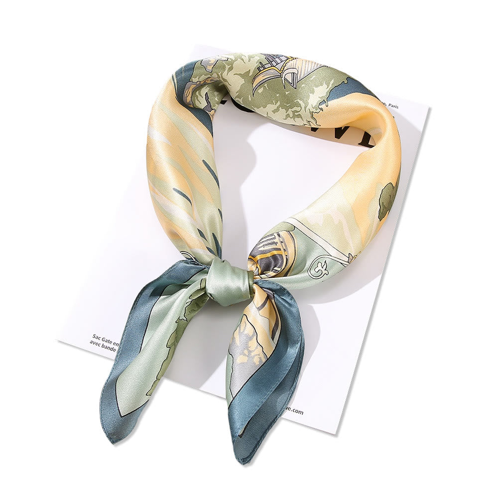 Foulard pour cheveux en soie de mûrier 100 % Buddha Stones et scène pastorale en montgolfière