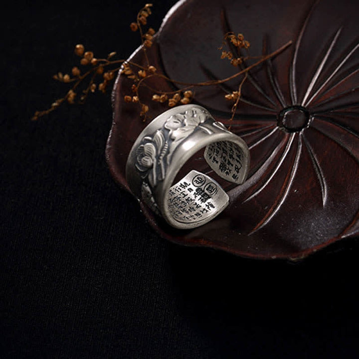 Bague porte-bonheur en argent sterling 999 Buddha Stones et poisson Koi, lotus, cœur, Sutra de la richesse