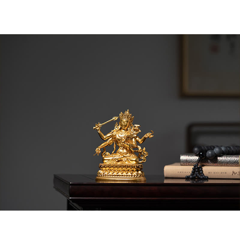 Figurine en or du Bodhisattva Manjusri à quatre bras, statue en cuivre de la compassion et de la sérénité, décoration de la maison