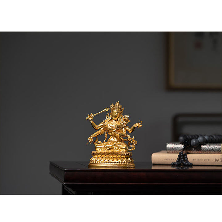 Figurine en or du Bodhisattva Manjusri à quatre bras, statue en cuivre de la compassion et de la sérénité, décoration de la maison