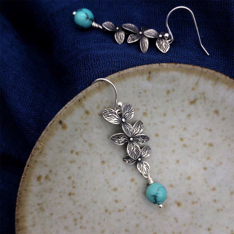 Boucles d'oreilles pendantes en argent sterling 925 avec Buddha Stones , turquoise, lazurite et lapis-lazuli, motif fleur et feuille, symbole de sérénité et de protection. - image 4