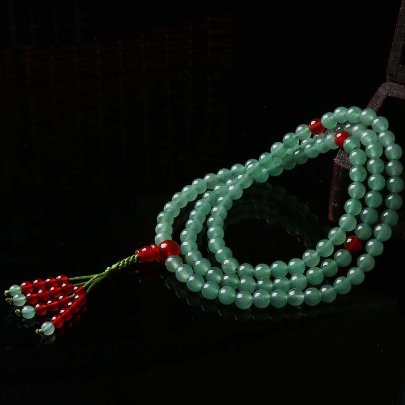 Bracelet Mala porte-bonheur en Buddha Stones, 108 perles, aventurine verte, agate rouge