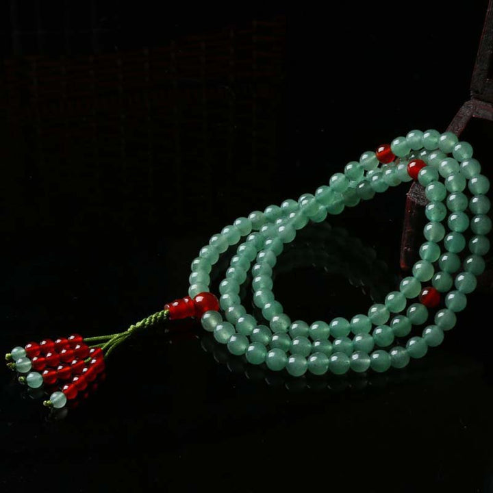 Bracelet Mala porte-bonheur en Buddha Stones, 108 perles, aventurine verte, agate rouge