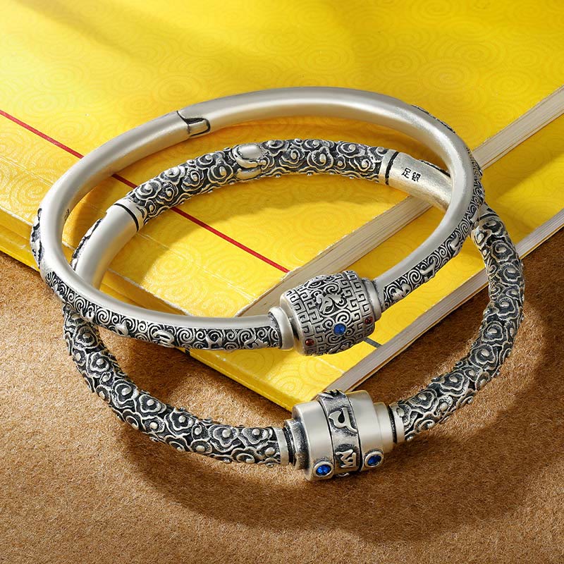 Bracelet de créativité gravé en argent sterling 990 Buddha Stones et nuages de bon augure tibétains Om Mani Padme Hum