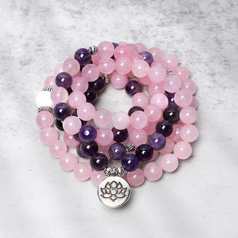 Bracelet Mala en perles de quartz rose et améthyste naturelles avec pendentif lotus Buddha Stones - image 1