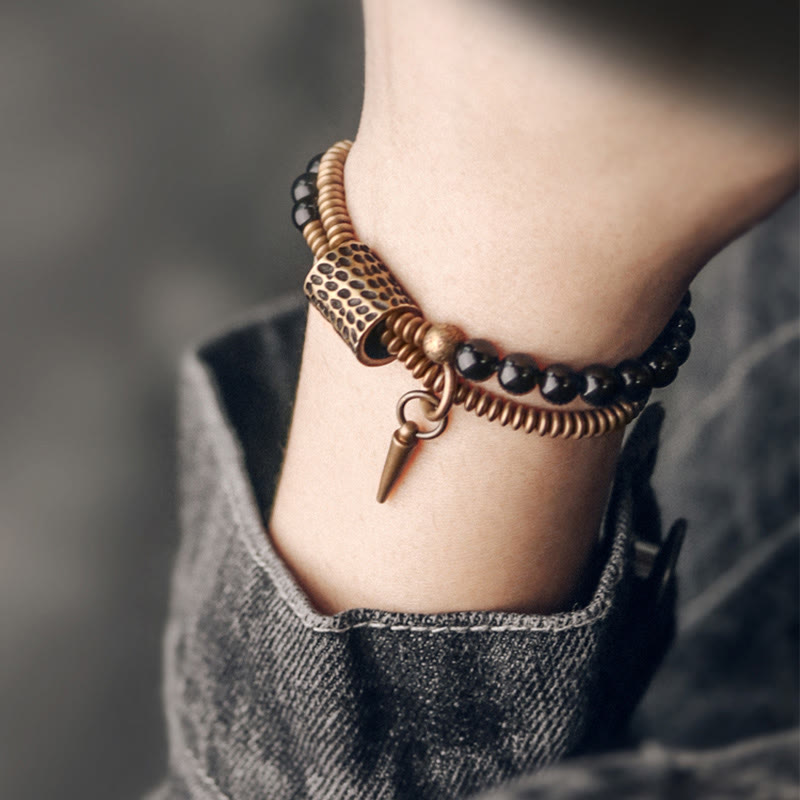 Bracelet double couche de guérison de la paix intérieure en cuivre et obsidienne arc-en-ciel en Buddha Stones