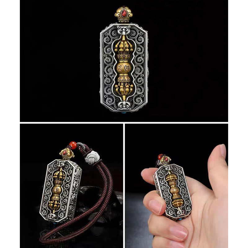 Collier pendentif en corde de pureté Buddha Stones tibétaines Om Mani Padme Hum sculptées Dorje Vajra motif lotus rotatif