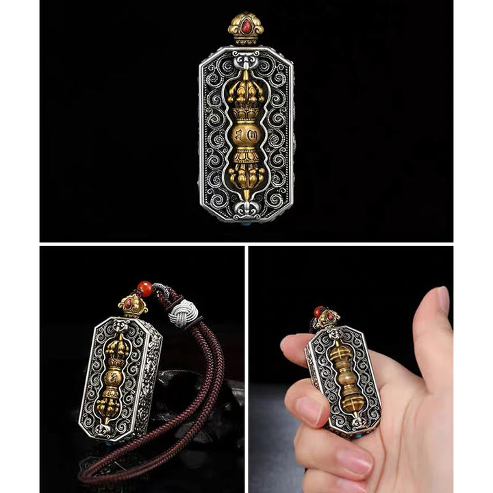 Collier pendentif en corde de pureté Buddha Stones tibétaines Om Mani Padme Hum sculptées Dorje Vajra motif lotus rotatif