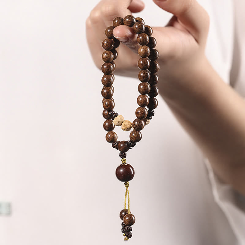 Bracelet double tour de purification en bois de santal et petites feuilles de bois de santal rouge et pierres de Buddha Stones