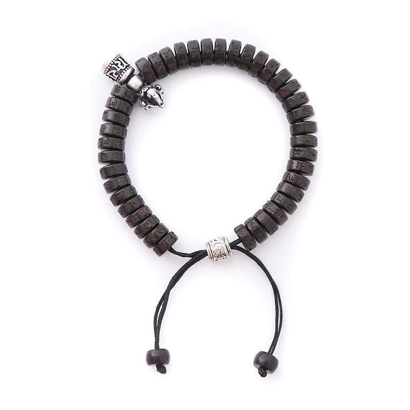 Bracelet en corde de bonheur sculpté en coquille de noix de coco du Tibet Buddha Stones Om Mani Padme Hum Dorje Vajra Bell