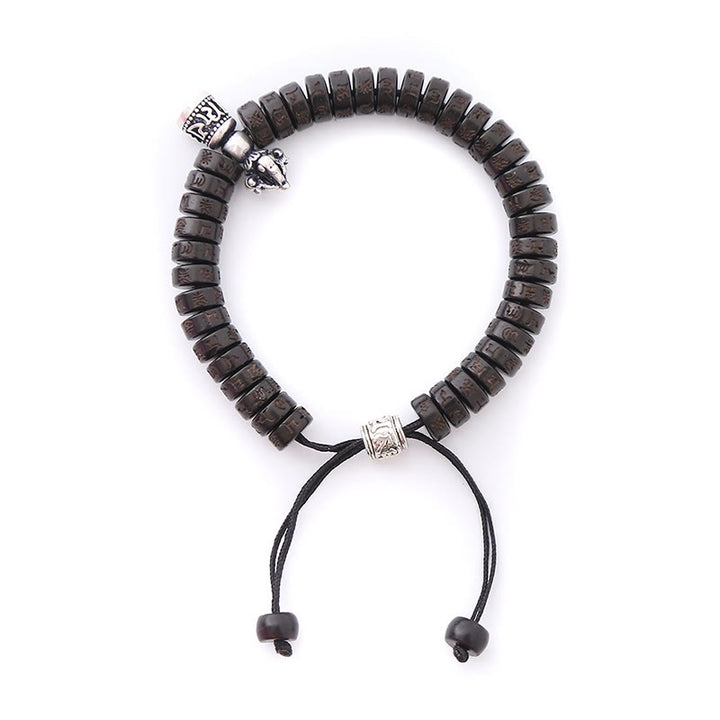 Bracelet en corde de bonheur sculpté en coquille de noix de coco du Tibet Buddha Stones Om Mani Padme Hum Dorje Vajra Bell