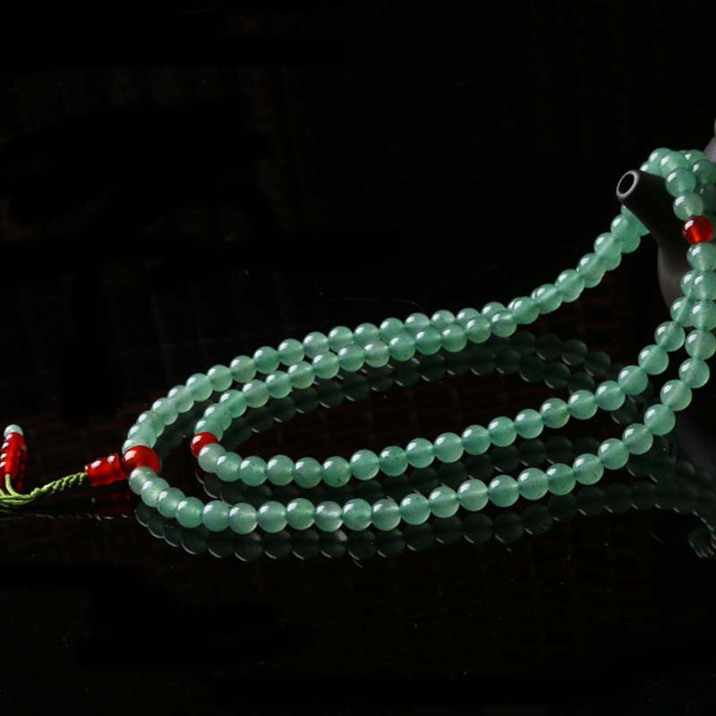 Bracelet Mala porte-bonheur en Buddha Stones, 108 perles, aventurine verte, agate rouge