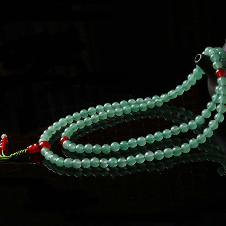Bracelet Mala porte-bonheur en Buddha Stones, 108 perles, aventurine verte, agate rouge