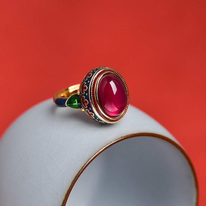 Bague courage en argent sterling 925 et corindon rouge Buddha Stones - Corindon rouge et fleur - image 0