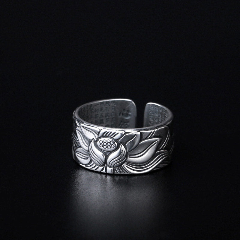 Bague d'illumination en cuivre blanc avec lotus tibétain et Buddha Stones