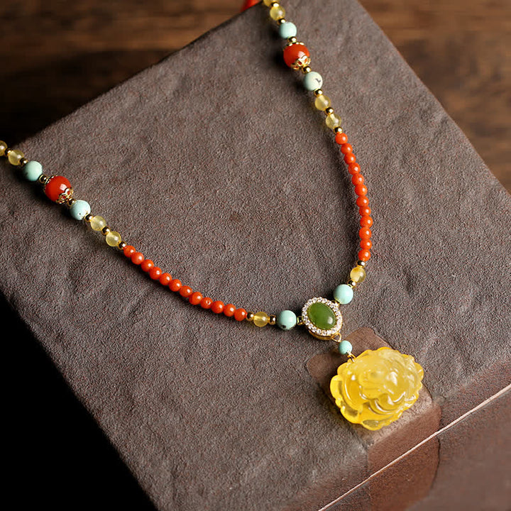 Collier pendentif en argent sterling 925 avec agate rouge naturelle et pivoine