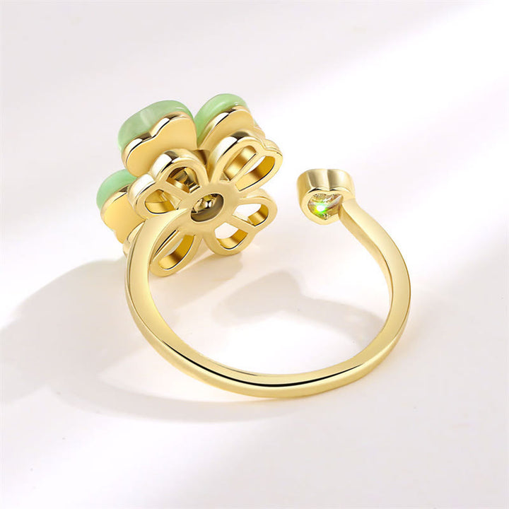 Bague rotative en zircon avec trèfle à quatre feuilles et œil de chat en Buddha Stones