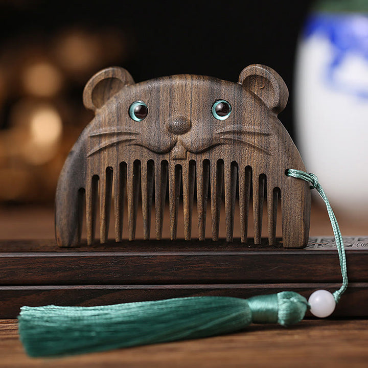 Mini peigne portable en bois de santal vert avec symbole du zodiaque chinois - Bois de Chacate Preto - Rat - image 5