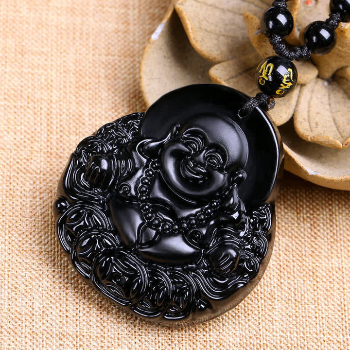 Collier avec Buddha Stones rieur en obsidienne noire et protection de la force - image 3