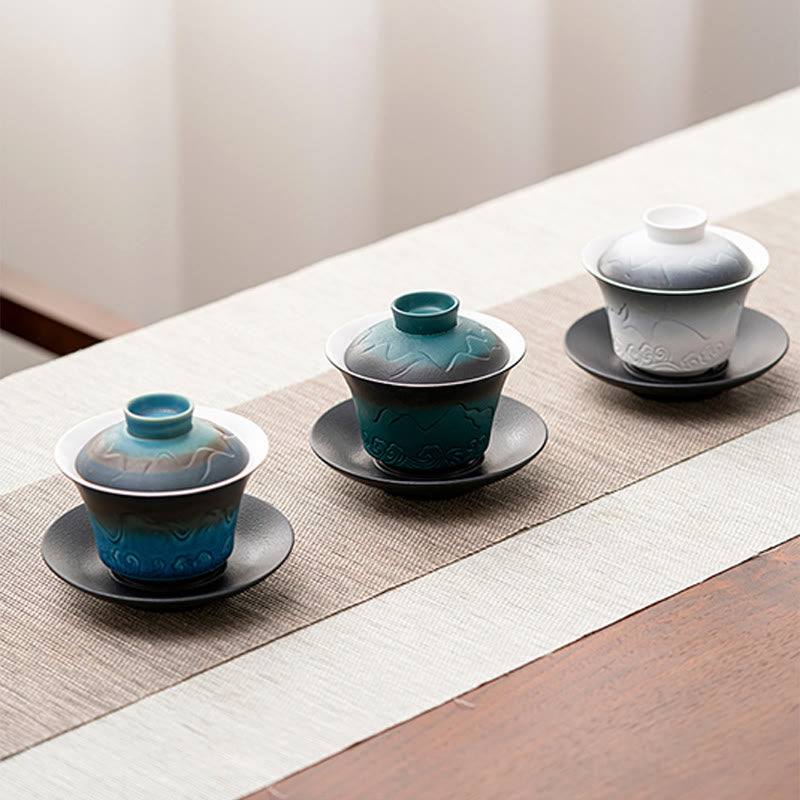 Tasse à thé et soucoupe en céramique avec couvercle en Buddha Stones, style rétro, bleu océan, vagues de la mer, dégradé, Gaiwan, Sancai