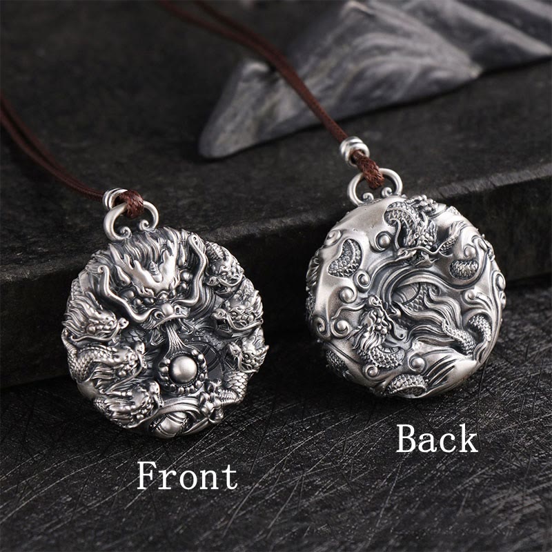Collier de protection Buddha Stones en argent 999 Neuf dragons jouant avec une perle Pendentif de protection de la chance