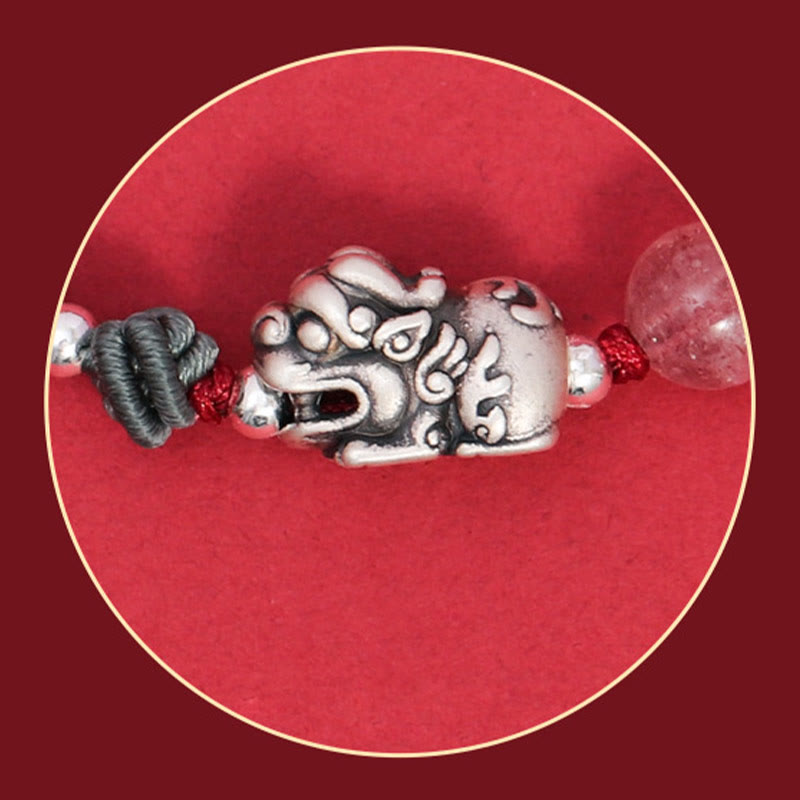 Bracelet tressé en argent sterling 999 avec perles de quartz fraise PiXiu de Buddha Stones pour la richesse et la chance