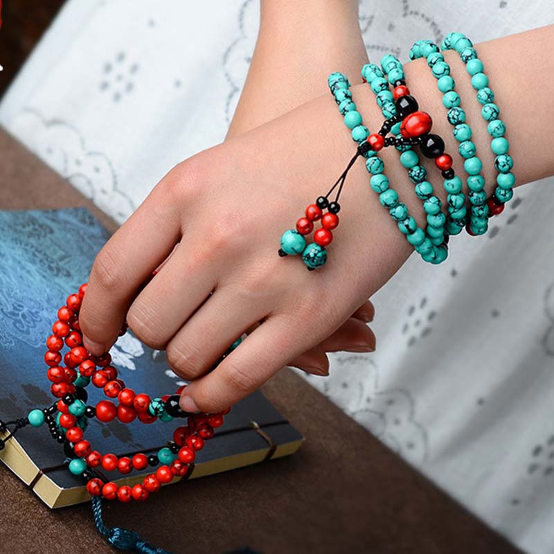 Bracelet de protection en perles de turquoise rouge et onyx noir Buddha Stones