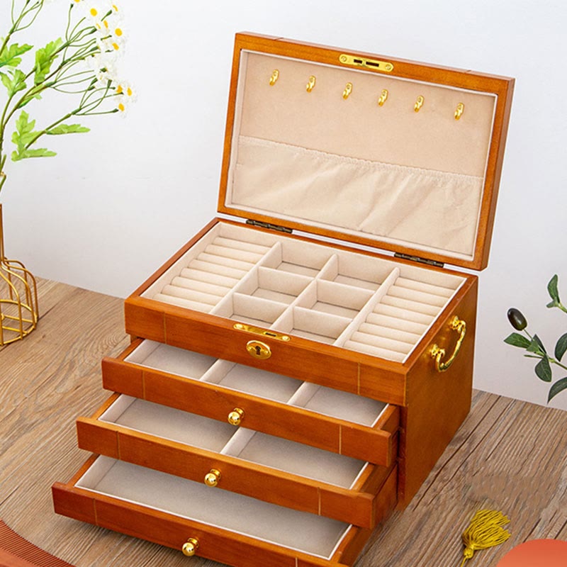 Coffret à bijoux rétro en bois massif Buddha Stones Coffret de rangement à bijoux en bois à quatre niveaux