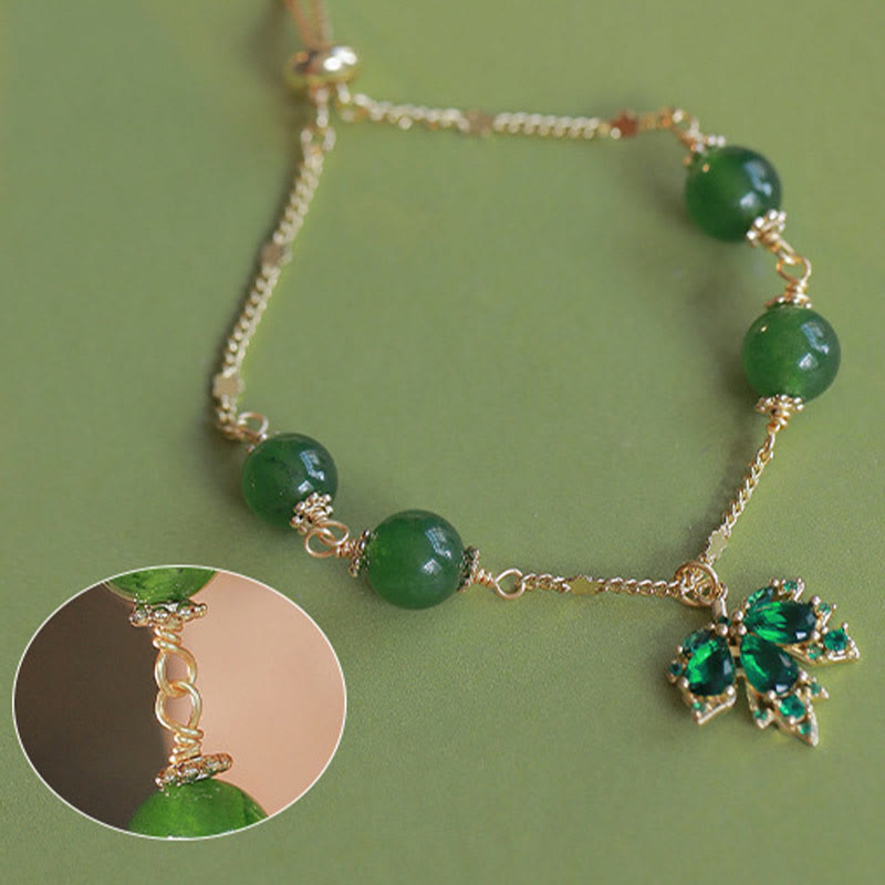 Bracelet en calcédoine verte plaqué or 14 carats avec feuille d'érable et courage de Buddha Stones