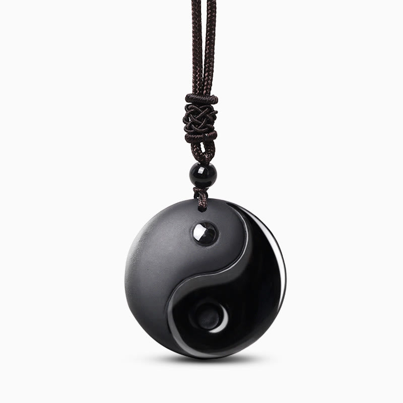 Collier pendentif Yin Yang sculpté en Buddha Stones en obsidienne noire, taoïsme, cinq montagnes sacrées, mantra à neuf caractères, purification - image 2