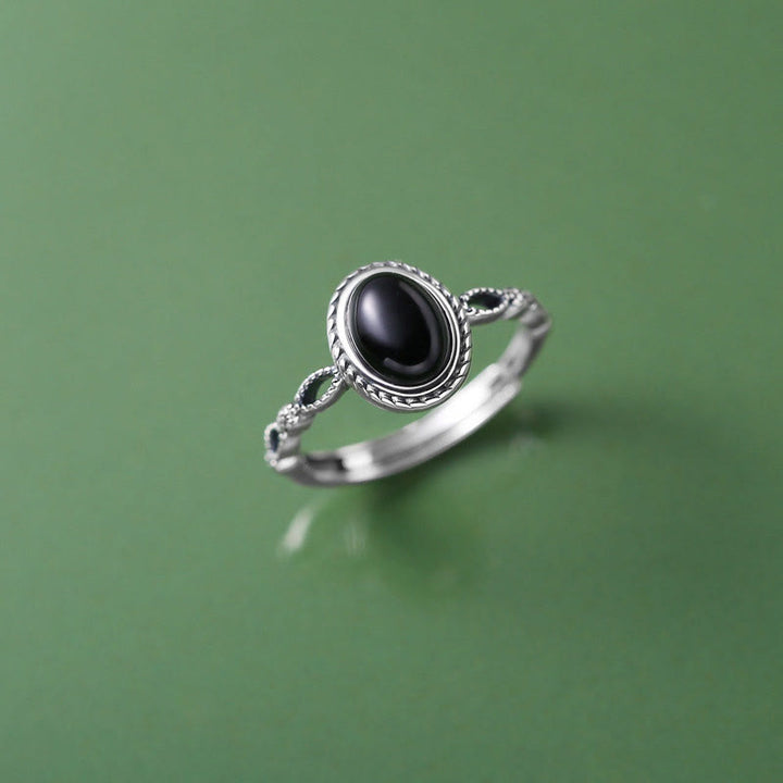 Buddha Stones Bague de fortune en argent Sterling 925 Onyx noir