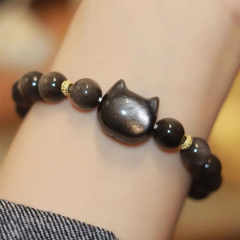 Bracelet de protection porte-bonheur en obsidienne dorée et argentée avec Buddha Stones et jolie patte de chat porte-bonheur - Obsidienne argentée - Cat Head Nouvelle Édition - 10 mm - image 32
