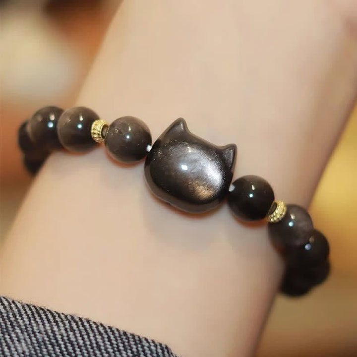 Bracelet de protection porte-bonheur en obsidienne dorée et argentée avec Buddha Stones et jolie patte de chat porte-bonheur - Obsidienne argentée - Cat Head Nouvelle Édition - 10 mm - image 32