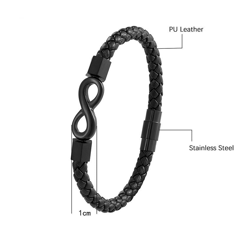 Bracelet d'équilibre en cuir tissé avec nœud sans fin en acier titane et Buddha Stones