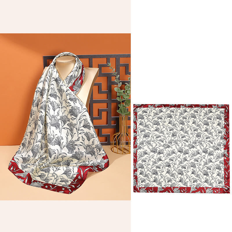 Foulard pour cheveux en soie de mûrier 100 % Buddha Stones et scène pastorale en montgolfière - Bordure rouge à fleurs - image 13