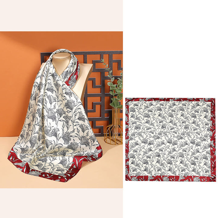 Foulard pour cheveux en soie de mûrier 100 % Buddha Stones et scène pastorale en montgolfière - Bordure rouge à fleurs - image 13