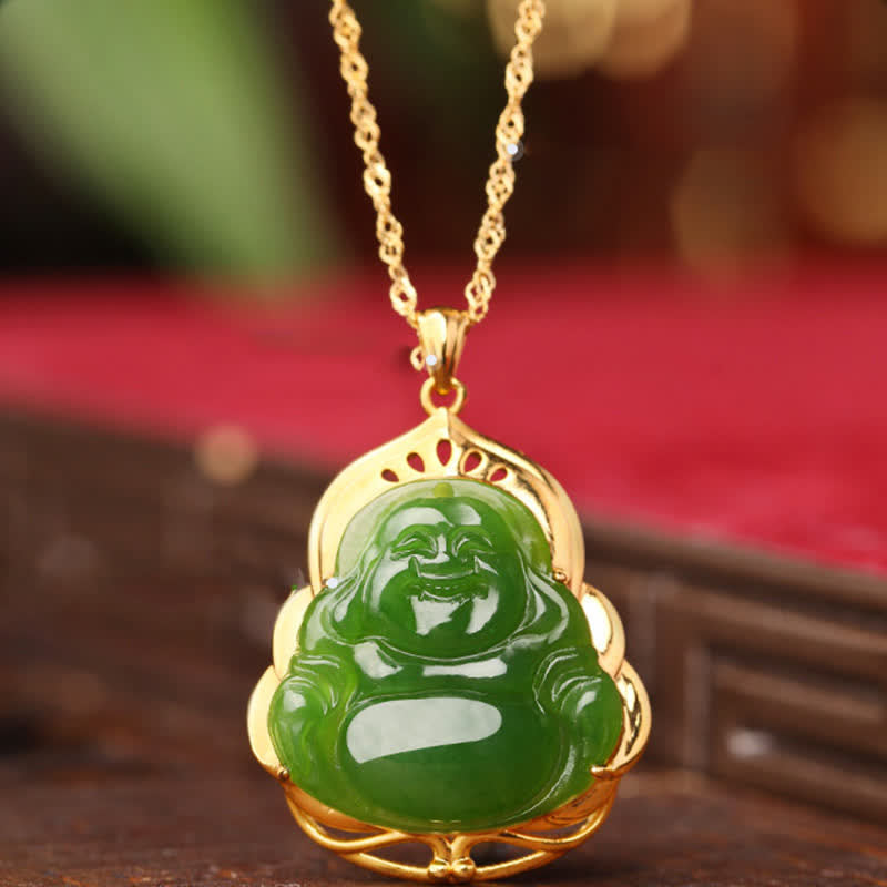 Collier pendentif en argent sterling 925 avec jade cyan naturel Hetian Bouddha rieur en or 18 carats - Jade cyan Hetian (Succès ♥ Guérison) - image 1