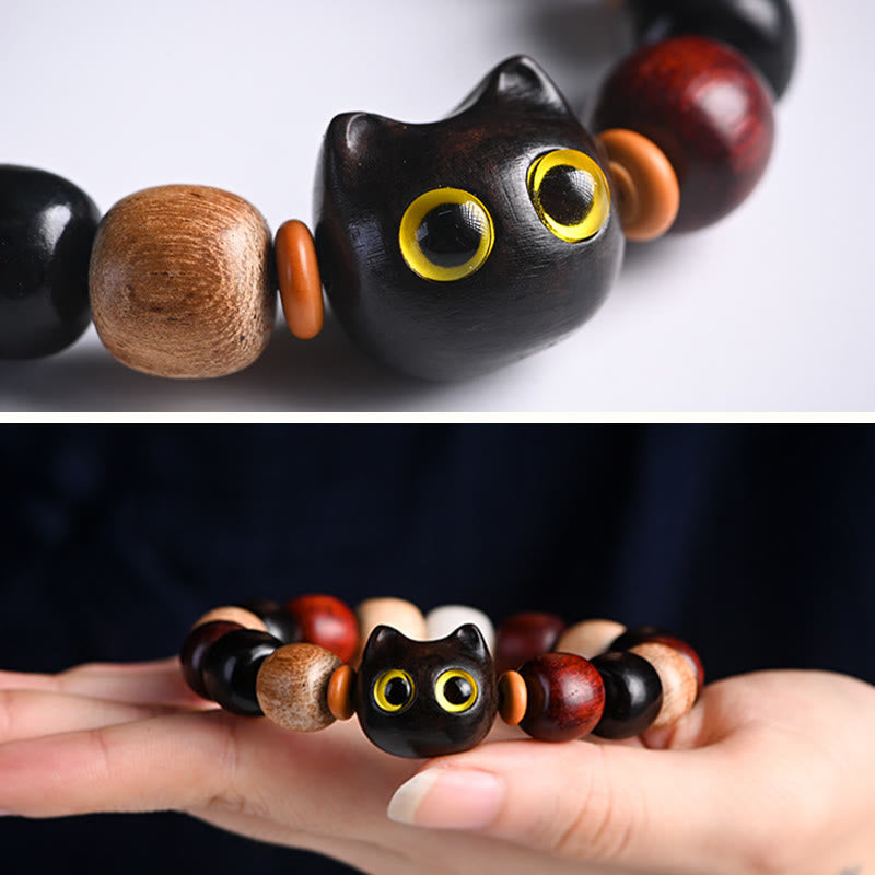 Bracelet de protection gravé en bois de santal rouge et ébène avec petites feuilles de Buddha Stones et chat mignon - image 9
