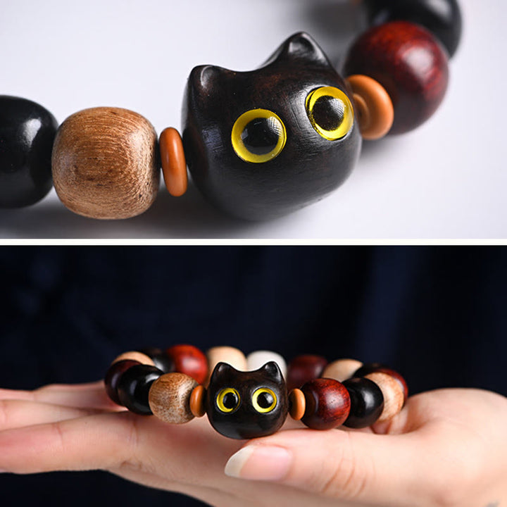 Bracelet de protection gravé en bois de santal rouge et ébène avec petites feuilles de Buddha Stones et chat mignon - image 9