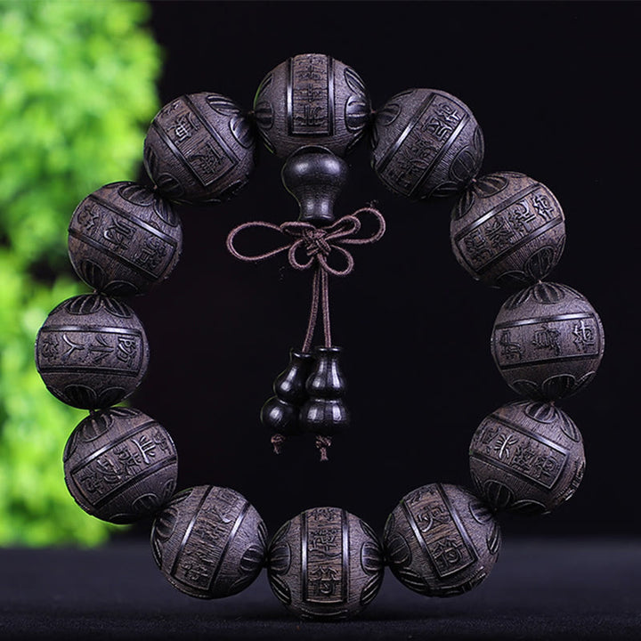 Bracelet de chaleur sculpté PiXiu en bois de rose, ébène, pièce de cuivre et Buddha Stones, signe du zodiaque chinois