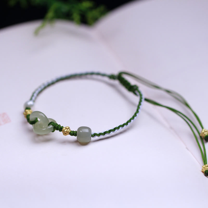 Bracelet tressé porte-bonheur en argent sterling 925 avec double boucle de paix et jade Hetian de Buddha Stones